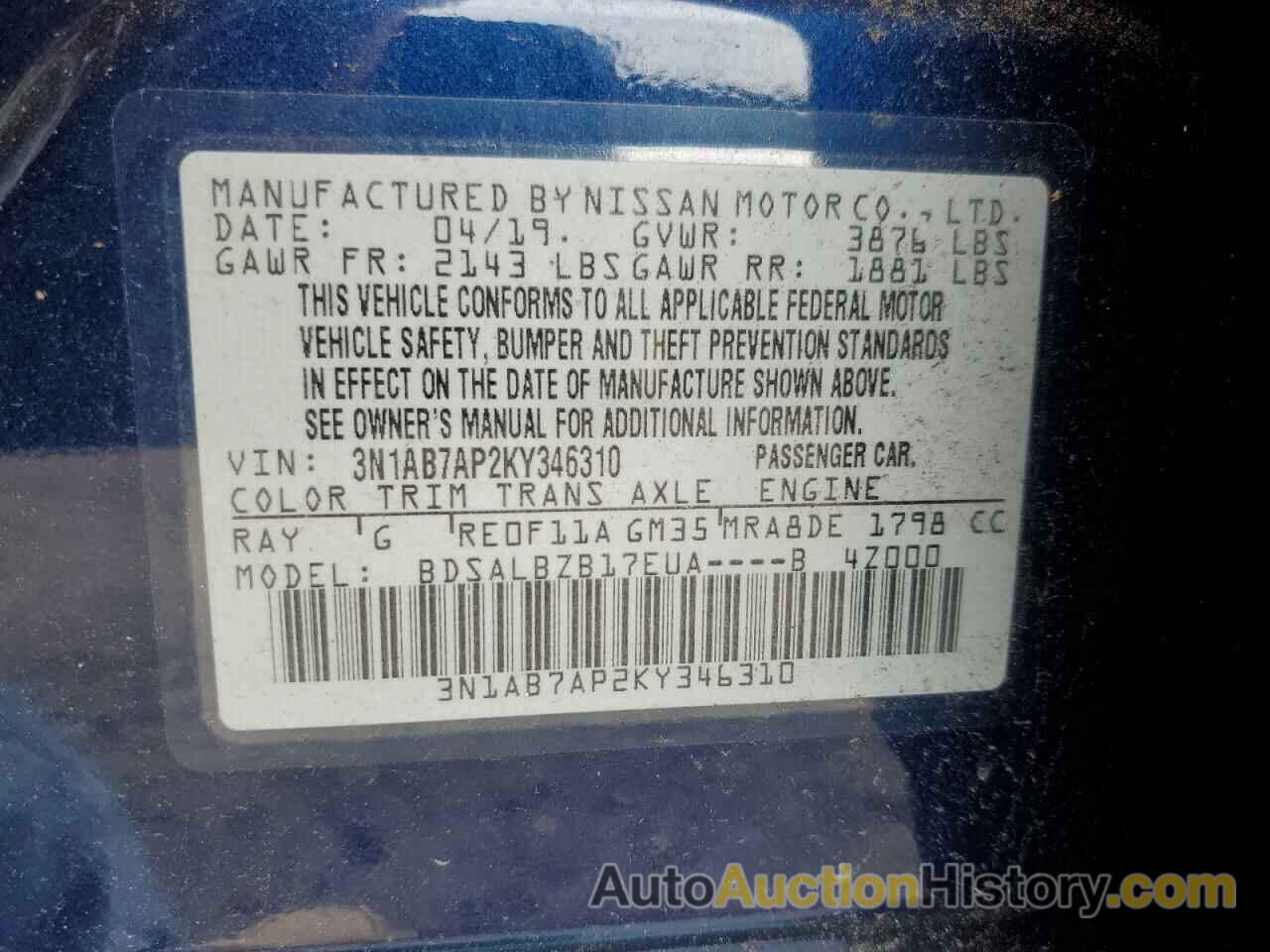 NISSAN SENTRA S, 3N1AB7AP2KY346310