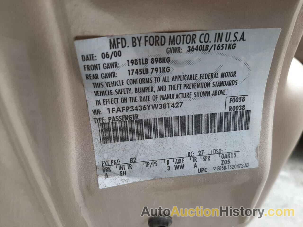 FORD FOCUS SE, 1FAFP3436YW381427