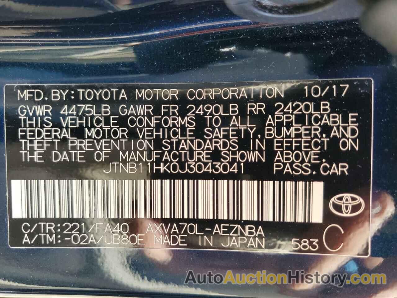 TOYOTA CAMRY L, JTNB11HK0J3043041