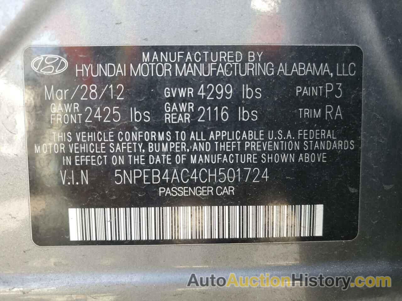 HYUNDAI SONATA GLS, 5NPEB4AC4CH501724