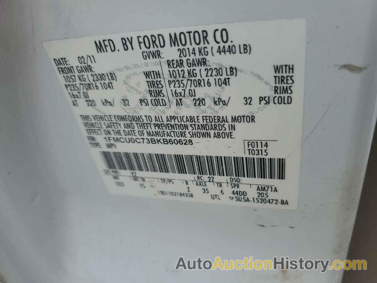 FORD ESCAPE XLS, 1FMCU0C73BKB60628