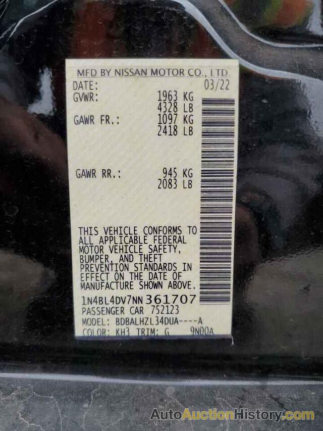 NISSAN ALTIMA SV, 1N4BL4DV7NN361707