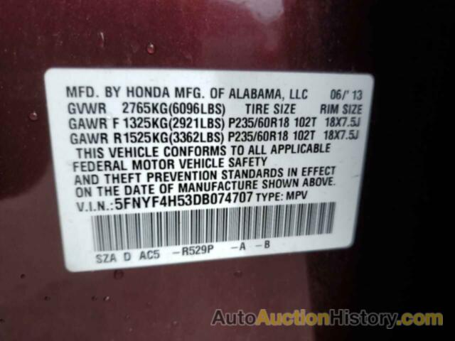 HONDA PILOT EXL, 5FNYF4H53DB074707