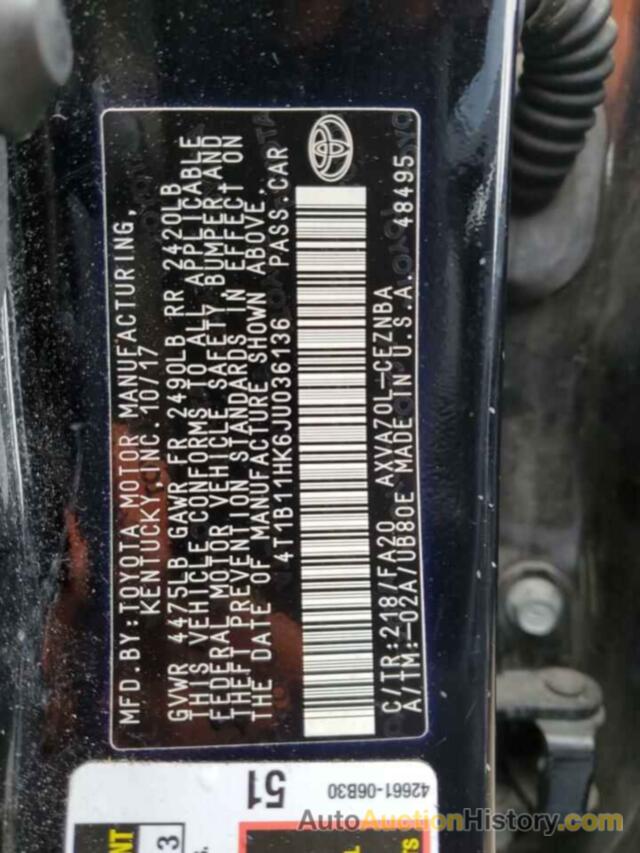 TOYOTA CAMRY L, 4T1B11HK6JU036136