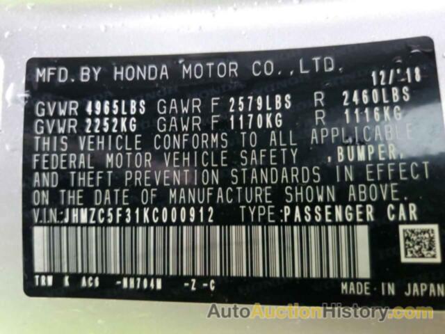 HONDA CLARITY TOURING, JHMZC5F31KC000912