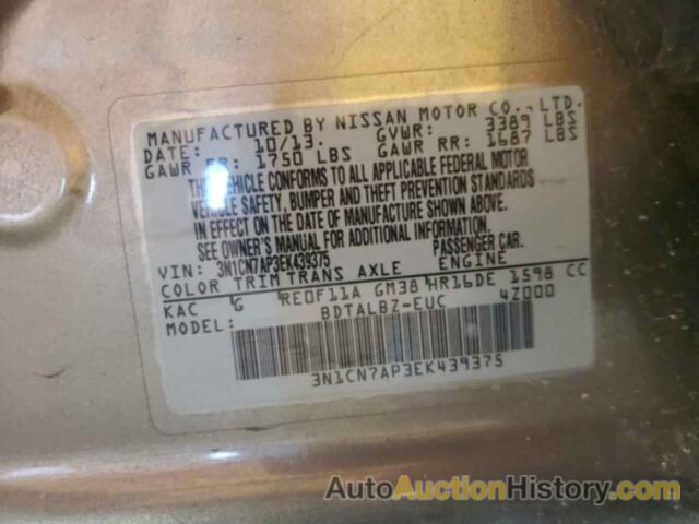 NISSAN VERSA S, 3N1CN7AP3EK439375