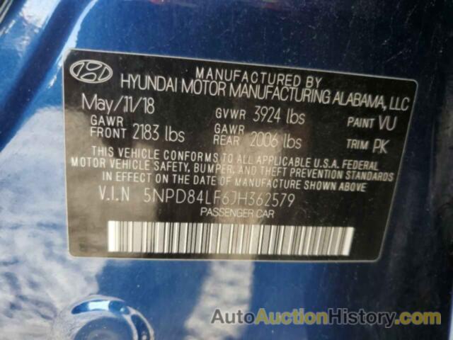 HYUNDAI ELANTRA SEL, 5NPD84LF6JH362579