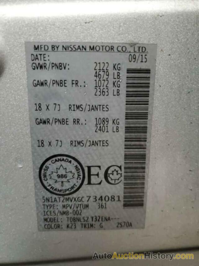 NISSAN ROGUE S, 5N1AT2MVXGC734081