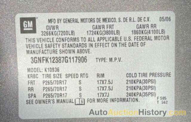 CHEVROLET AVALANCHE K1500, 3GNFK12387G117906