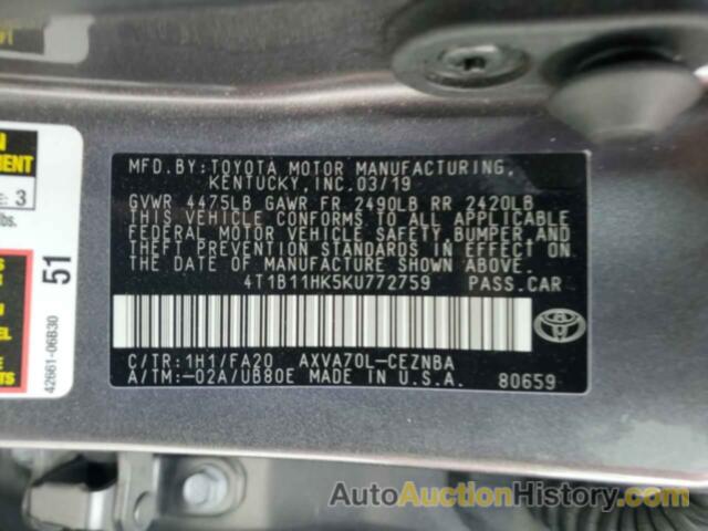 TOYOTA CAMRY L, 4T1B11HK5KU772759