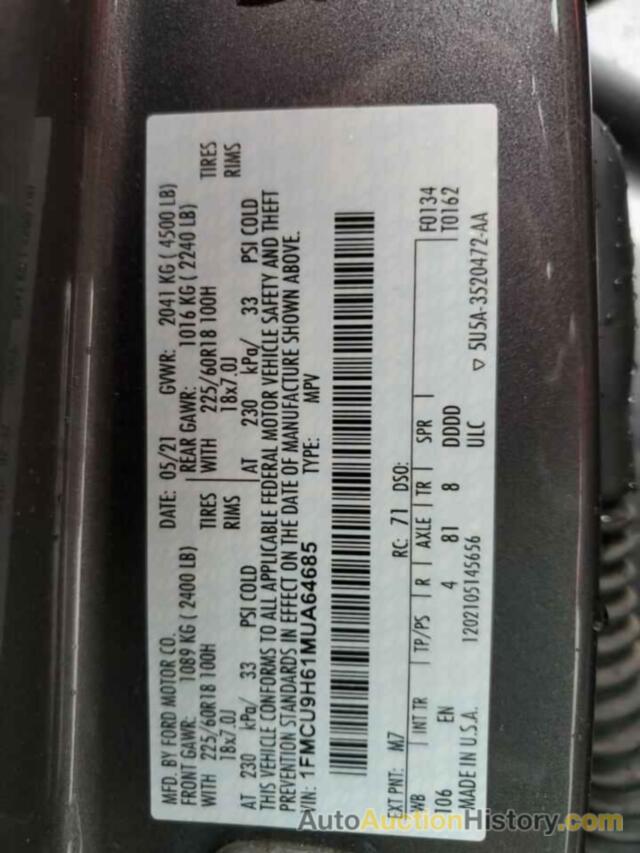 FORD ESCAPE SEL, 1FMCU9H61MUA64685