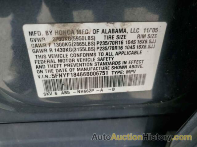 HONDA PILOT EX, 5FNYF18466B006751