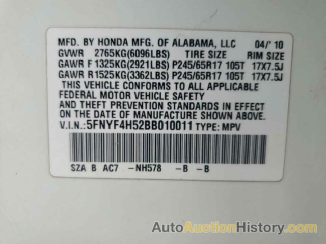 HONDA PILOT EXL, 5FNYF4H52BB010011