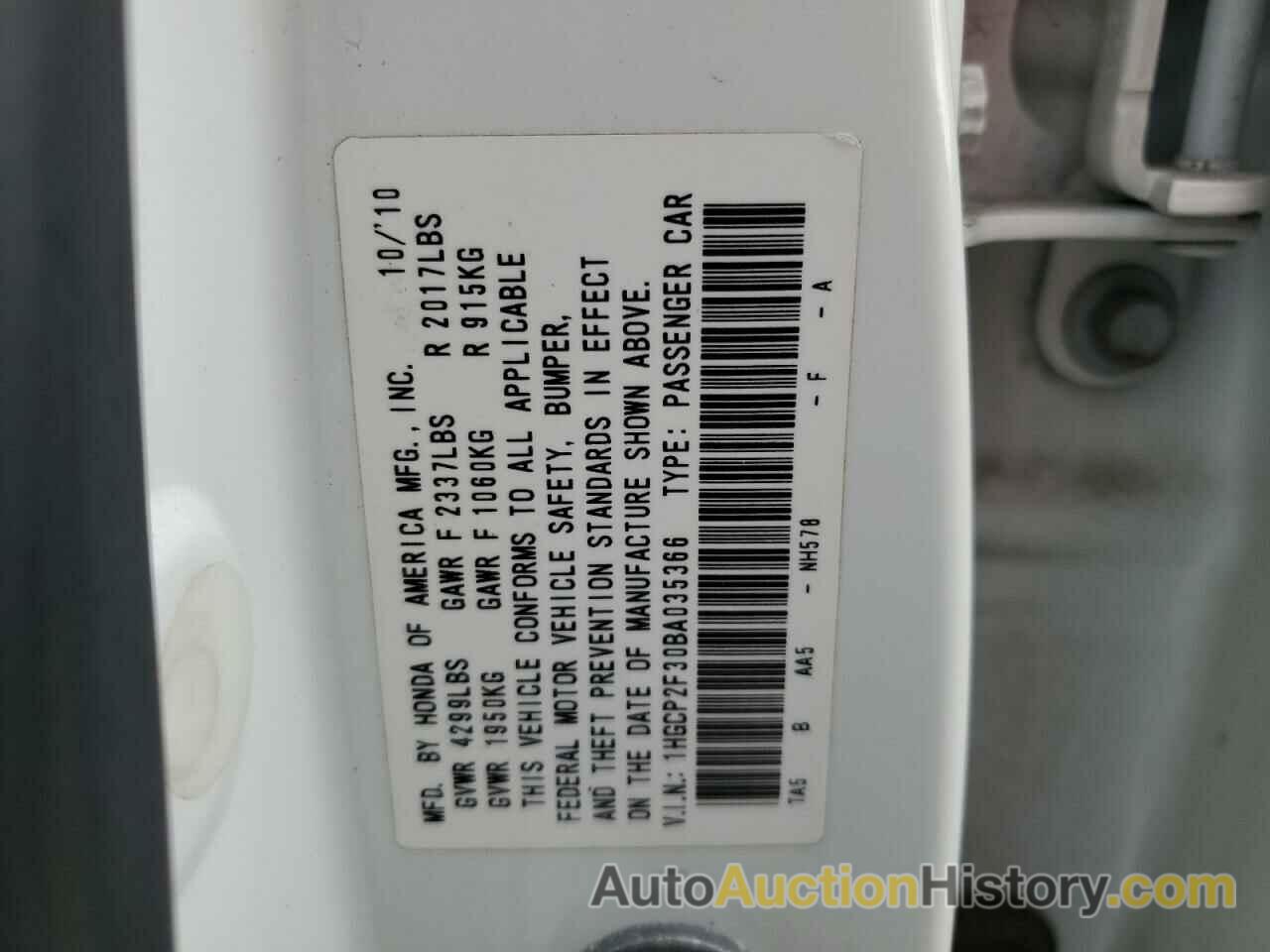 HONDA ACCORD LX, 1HGCP2F30BA035366