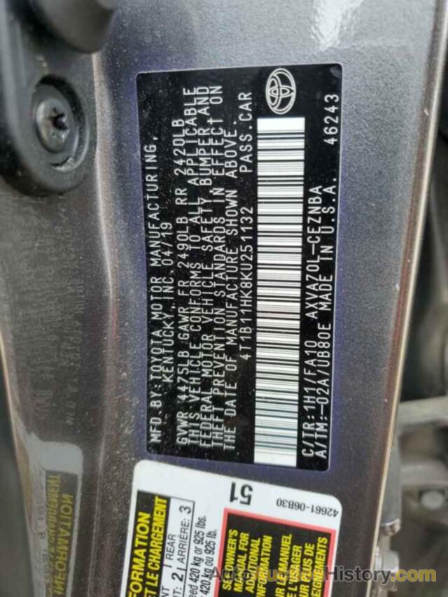 TOYOTA CAMRY L, 4T1B11HK8KU251132