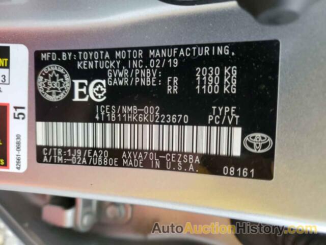 TOYOTA CAMRY L, 4T1B11HK6KU223670