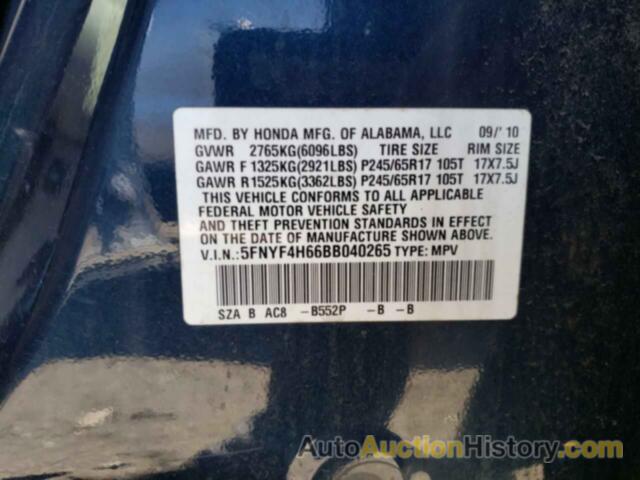 HONDA PILOT EXL, 5FNYF4H66BB040265