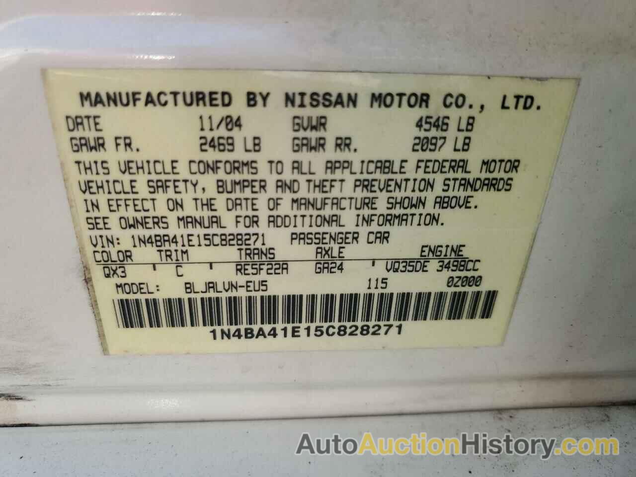 NISSAN MAXIMA SE, 1N4BA41E15C828271