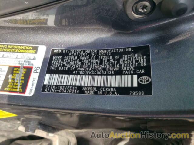 TOYOTA CAMRY HYBRID, 4T1BD1FKXCU033138