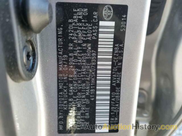 TOYOTA CAMRY L, 4T1B11HK5KU783597