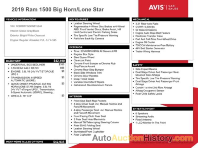RAM 1500 BIG HORN/LONE STAR, 1C6RRFFG5KN815246