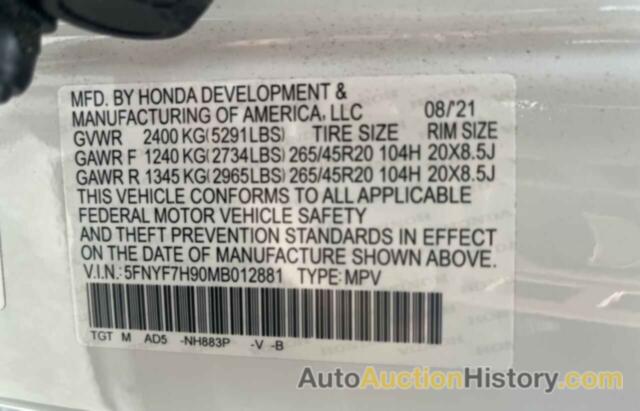 HONDA PASSPORT TOURING, 5FNYF7H90MB012881