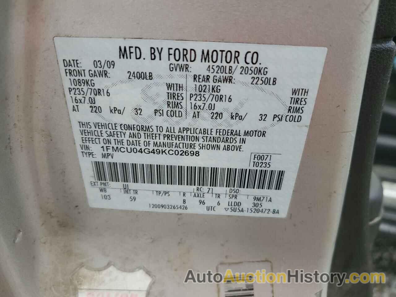 FORD ESCAPE LIMITED, 1FMCU04G49KC02698