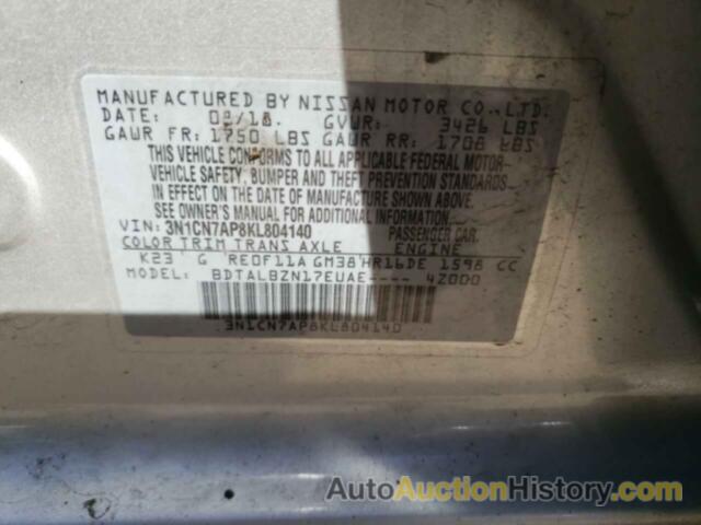 NISSAN VERSA S, 3N1CN7AP8KL804140