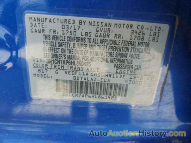 NISSAN VERSA S, 3N1CN7AP6HL860425