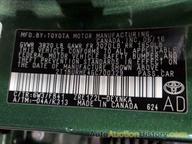 TOYOTA COROLLA L, 2T1BURHE4GC700329