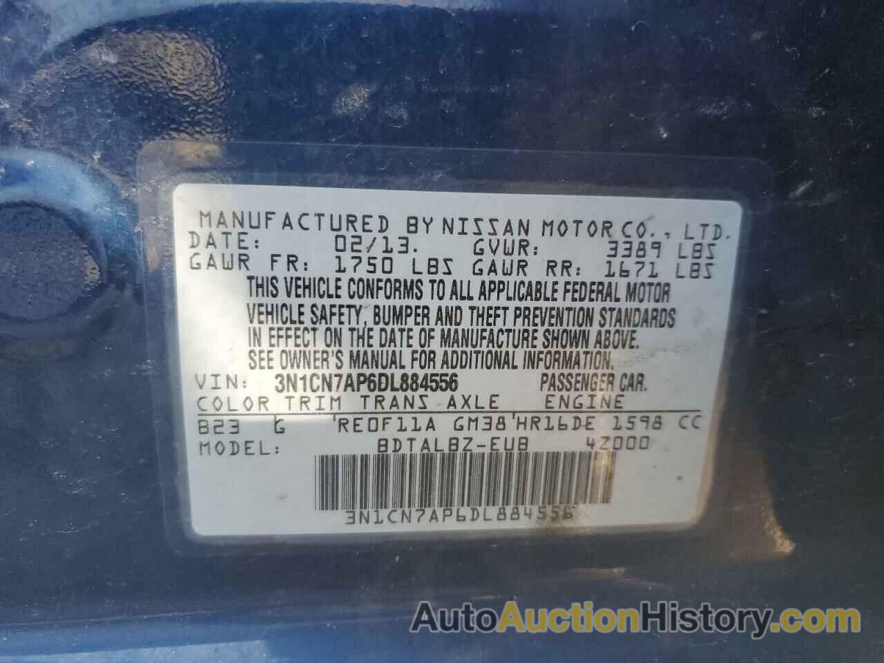 NISSAN VERSA S, 3N1CN7AP6DL884556