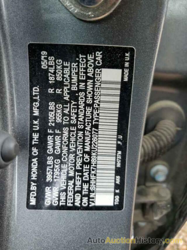 HONDA CIVIC EXL, SHHFK7H89KU226077