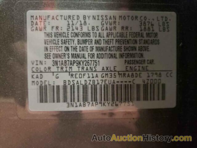 NISSAN SENTRA S, 3N1AB7AP9KY267751