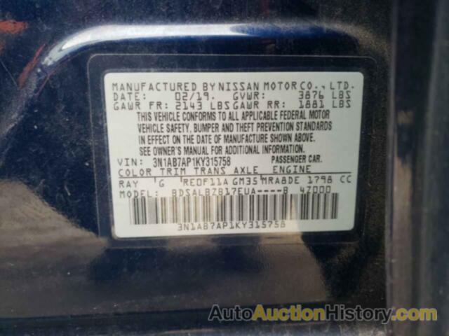 NISSAN SENTRA S, 3N1AB7AP1KY315758