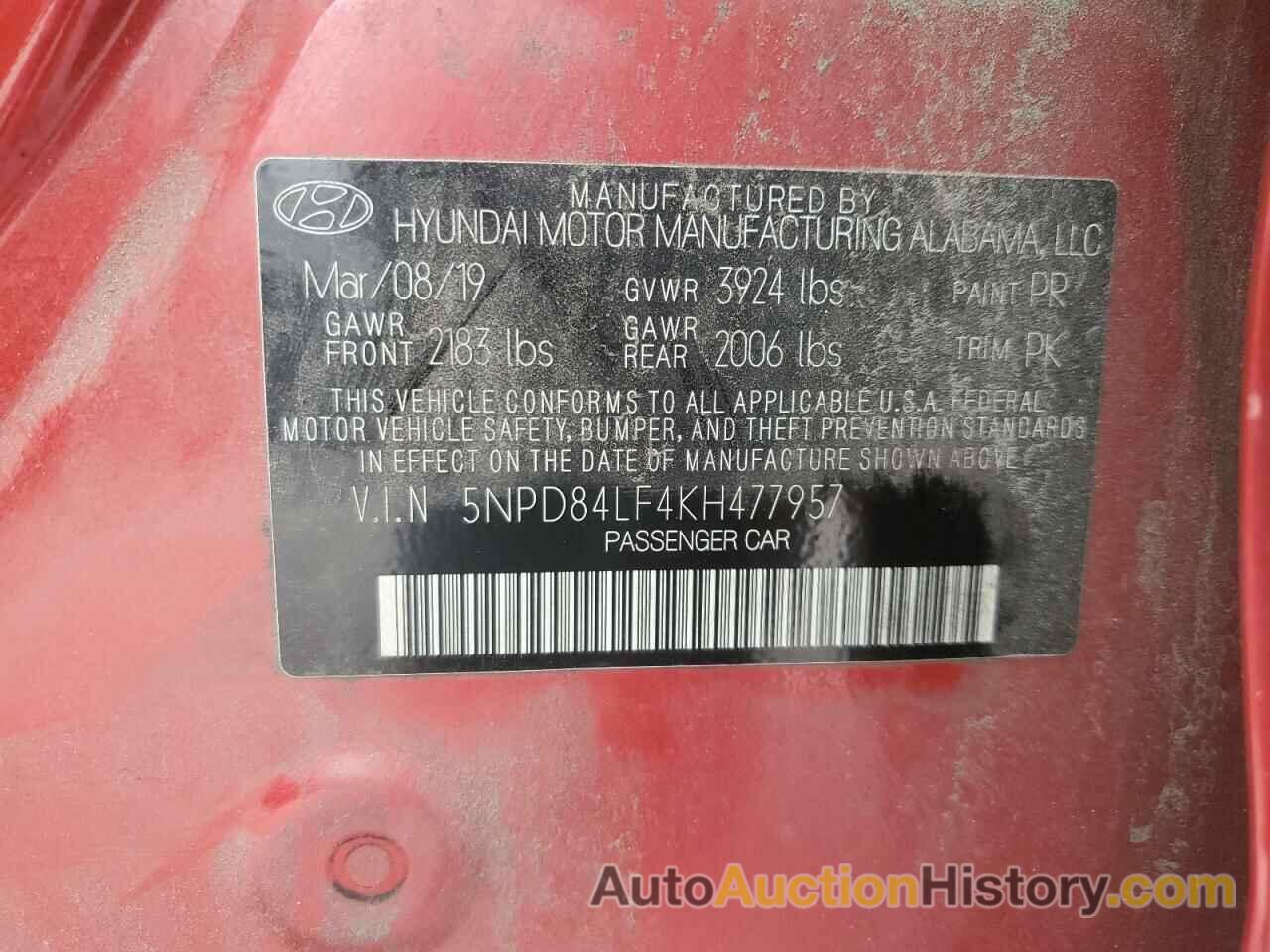 HYUNDAI ELANTRA SEL, 5NPD84LF4KH477957