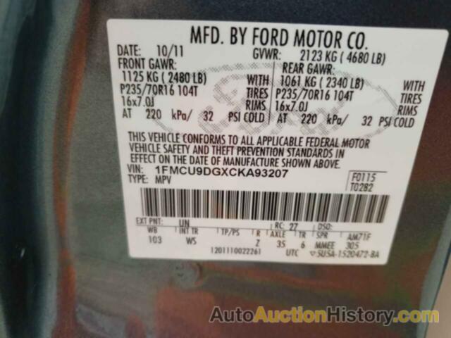 FORD ESCAPE XLT, 1FMCU9DGXCKA93207