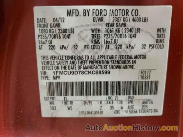 FORD ESCAPE XLT, 1FMCU9D78CKC68599