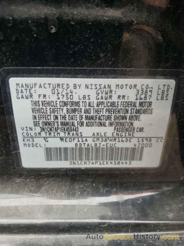 NISSAN VERSA S, 3N1CN7AP1EK458443