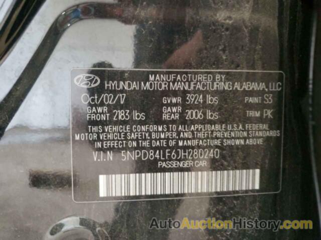 HYUNDAI ELANTRA SEL, 5NPD84LF6JH280240