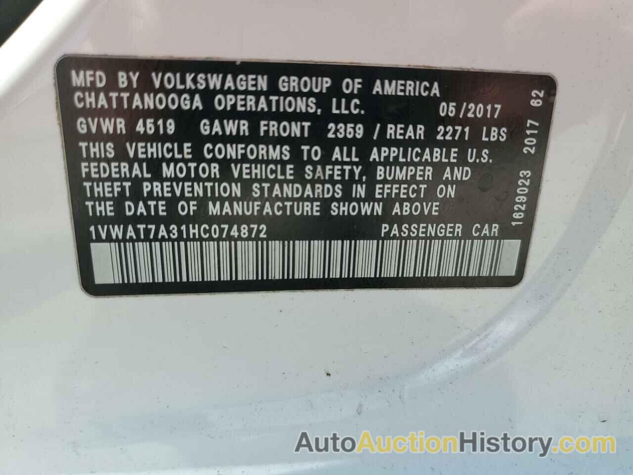 VOLKSWAGEN PASSAT S, 1VWAT7A31HC074872