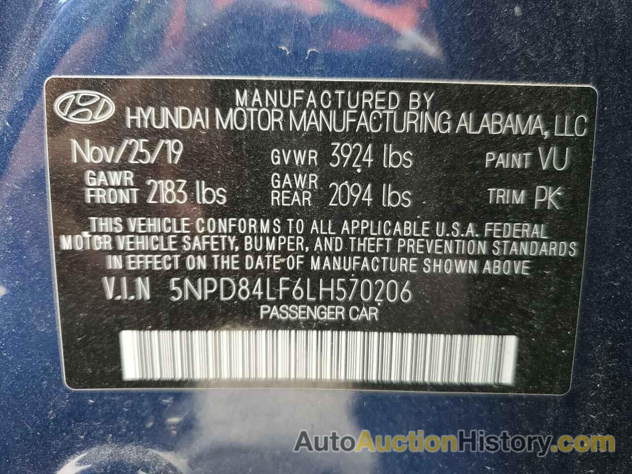 HYUNDAI ELANTRA SEL, 5NPD84LF6LH570206