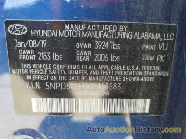 HYUNDAI ELANTRA SEL, 5NPD84LF0KH455583