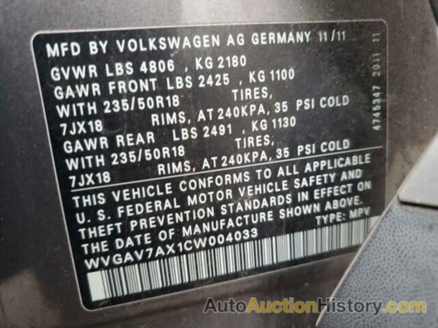 VOLKSWAGEN TIGUAN S, WVGAV7AX1CW004033