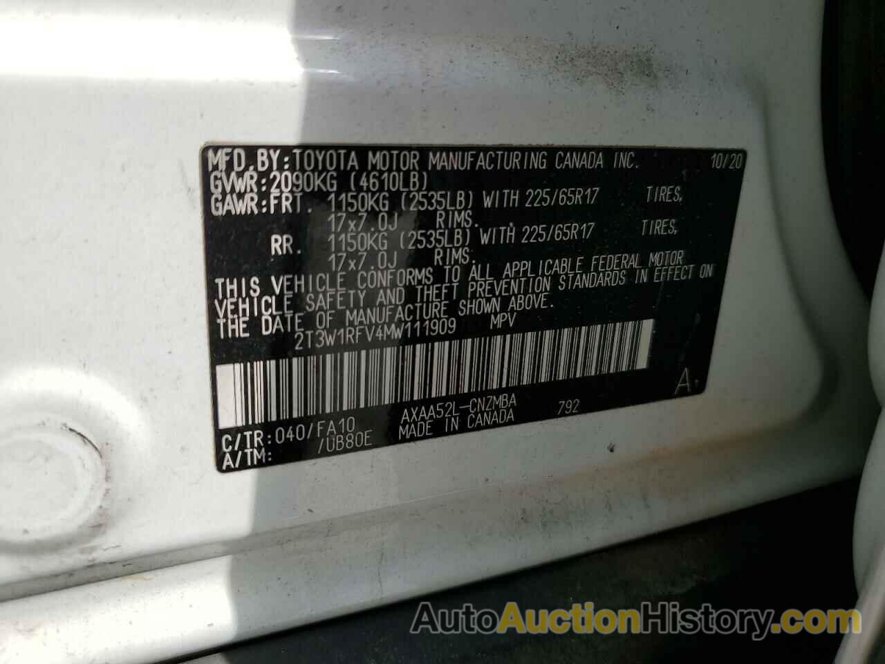 TOYOTA RAV4 XLE, 2T3W1RFV4MW111909