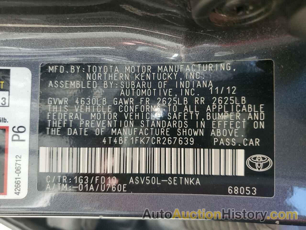 TOYOTA CAMRY BASE, 4T4BF1FK7CR267639