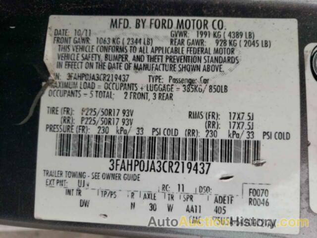 FORD FUSION SEL, 3FAHP0JA3CR219437