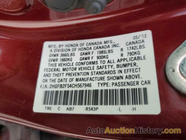 HONDA CIVIC LX, 2HGFB2F54CH567946