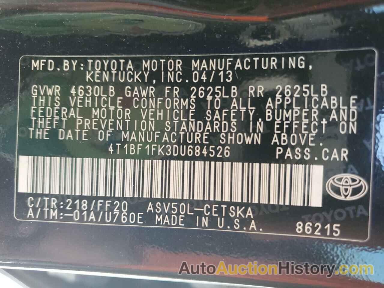 TOYOTA CAMRY L, 4T1BF1FK3DU684526