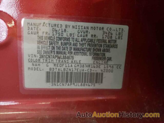 NISSAN VERSA S, 3N1CN7AP9JL884675