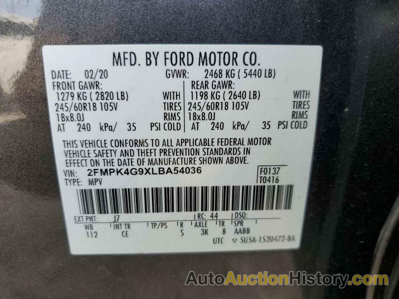 FORD EDGE SE, 2FMPK4G9XLBA54036